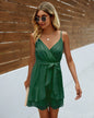 V Neck Ruffle Hem Swiss Dot Self Tie Cami Dress