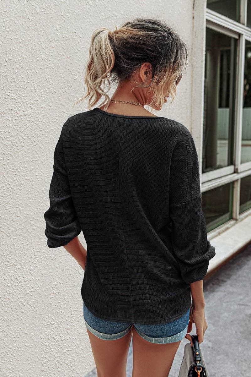 Solid Waffle Knit Button V Neck Lantern Sleeve Shirt