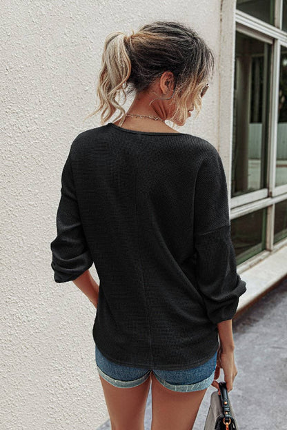 Solid Waffle Knit Button V Neck Lantern Sleeve Shirt