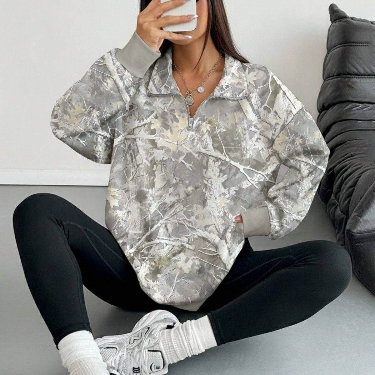 Oversized Woodland Camo Half Zip Pullover Sweatshirt