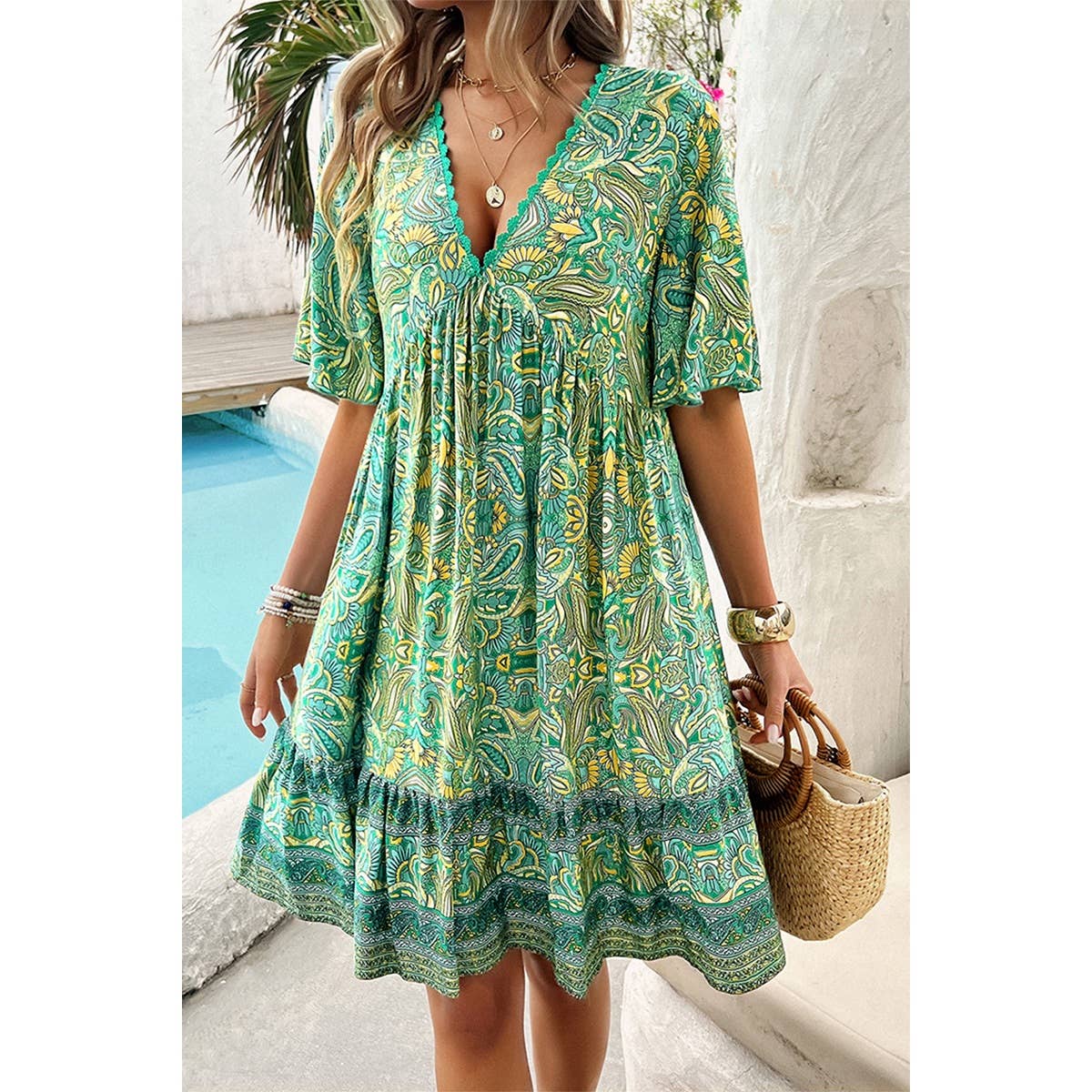 Allover Print Lace Trim Loose A Line Dress