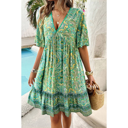 Allover Print Lace Trim Loose A Line Dress