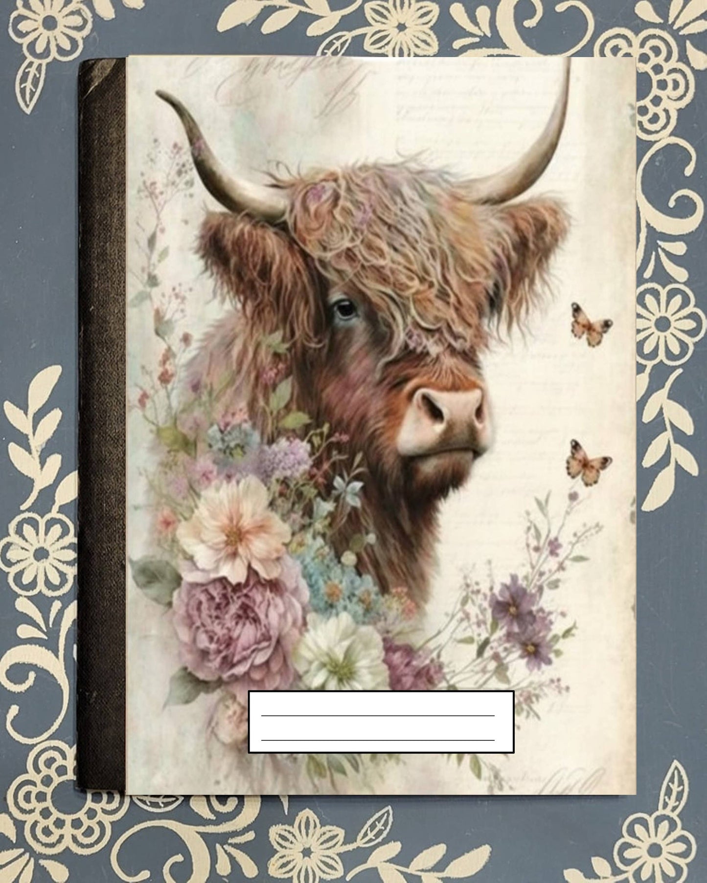 Cow, Floral Highland Cow, Covered Notebook