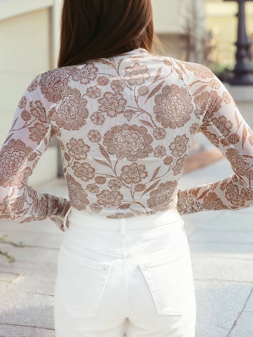 Floral Print Mesh Thumbhole Long Sleeve Top