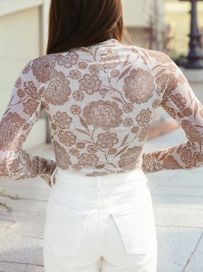 Floral Print Mesh Thumbhole Long Sleeve Top