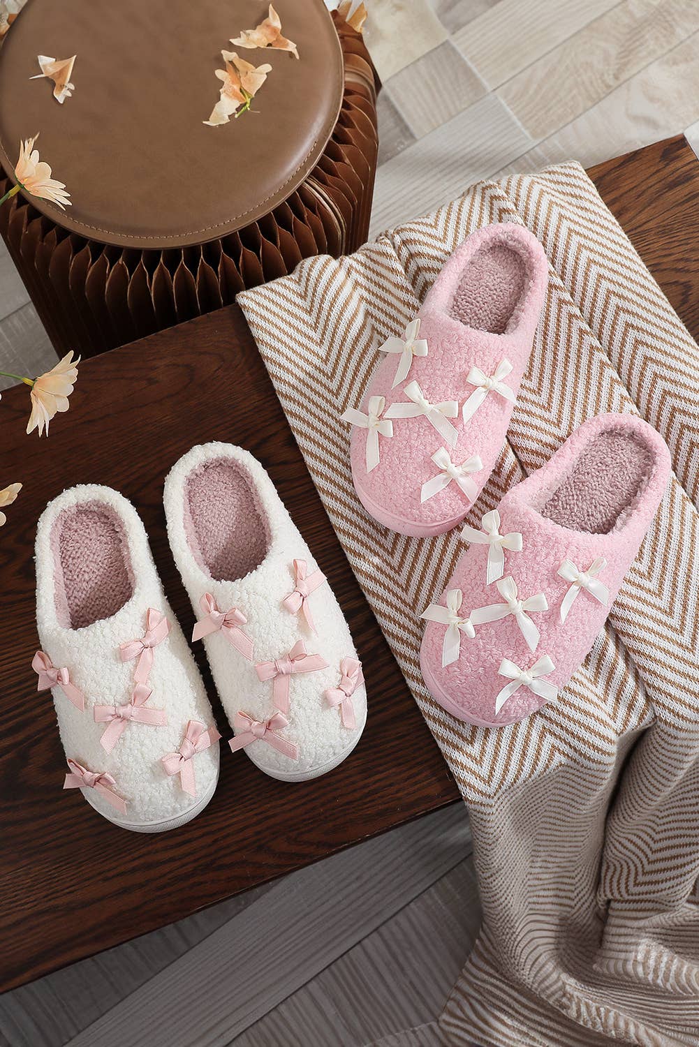 LDC Ribbed Bow Decor Plush House Slipper