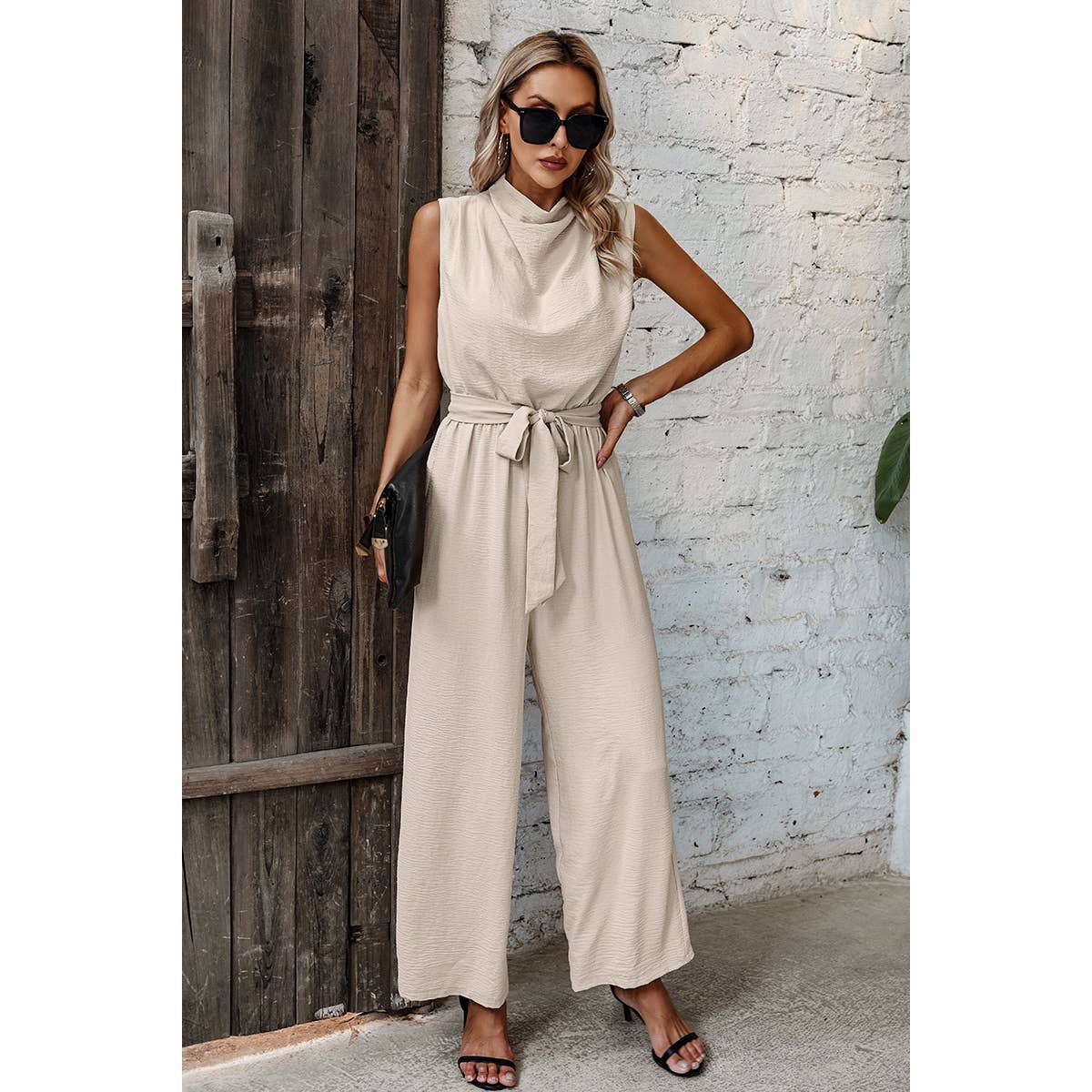 Solid Sleeveless Cut Out Back Belted Jumpsuit