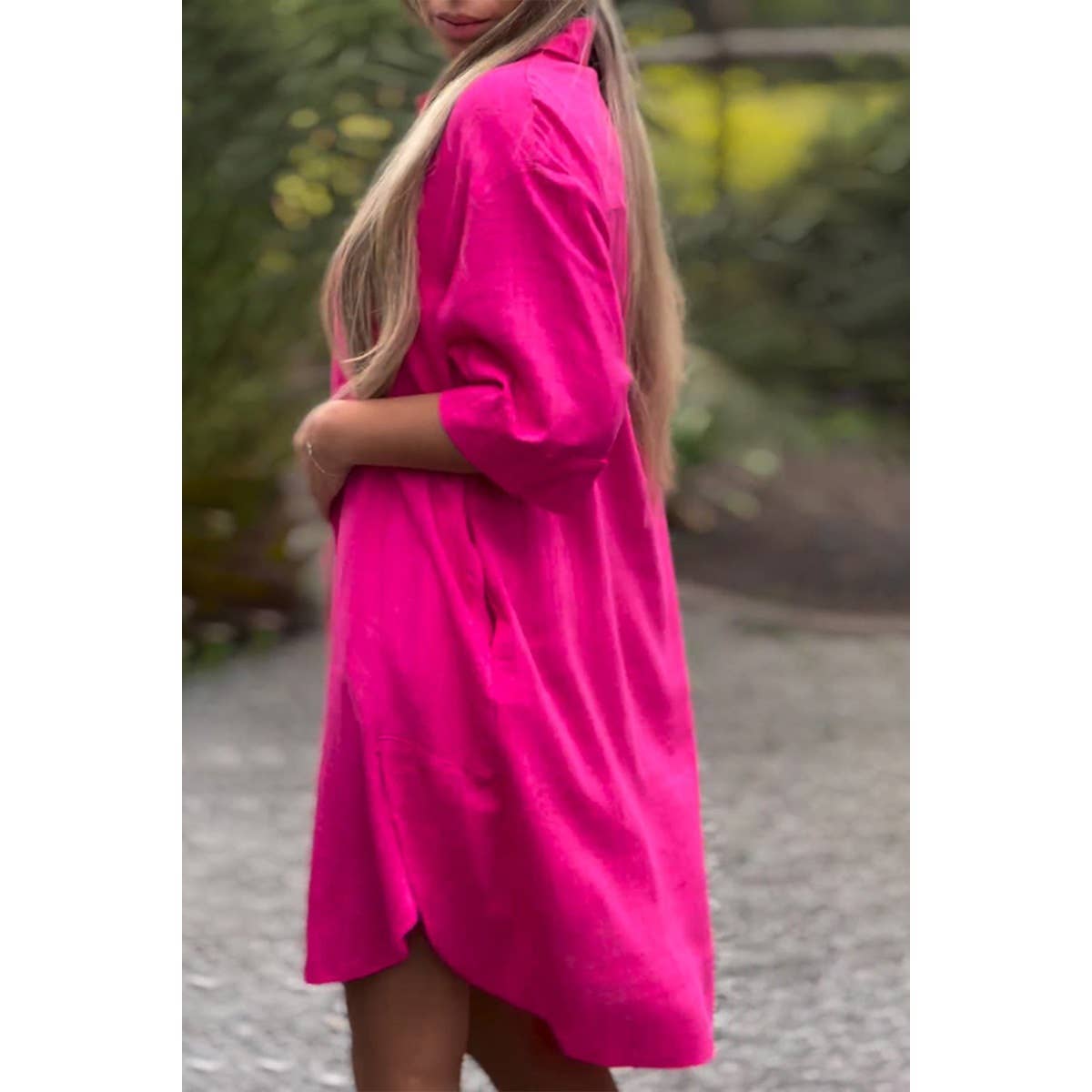 Plus A Line Button Loose Fit Pockets Solid Dress