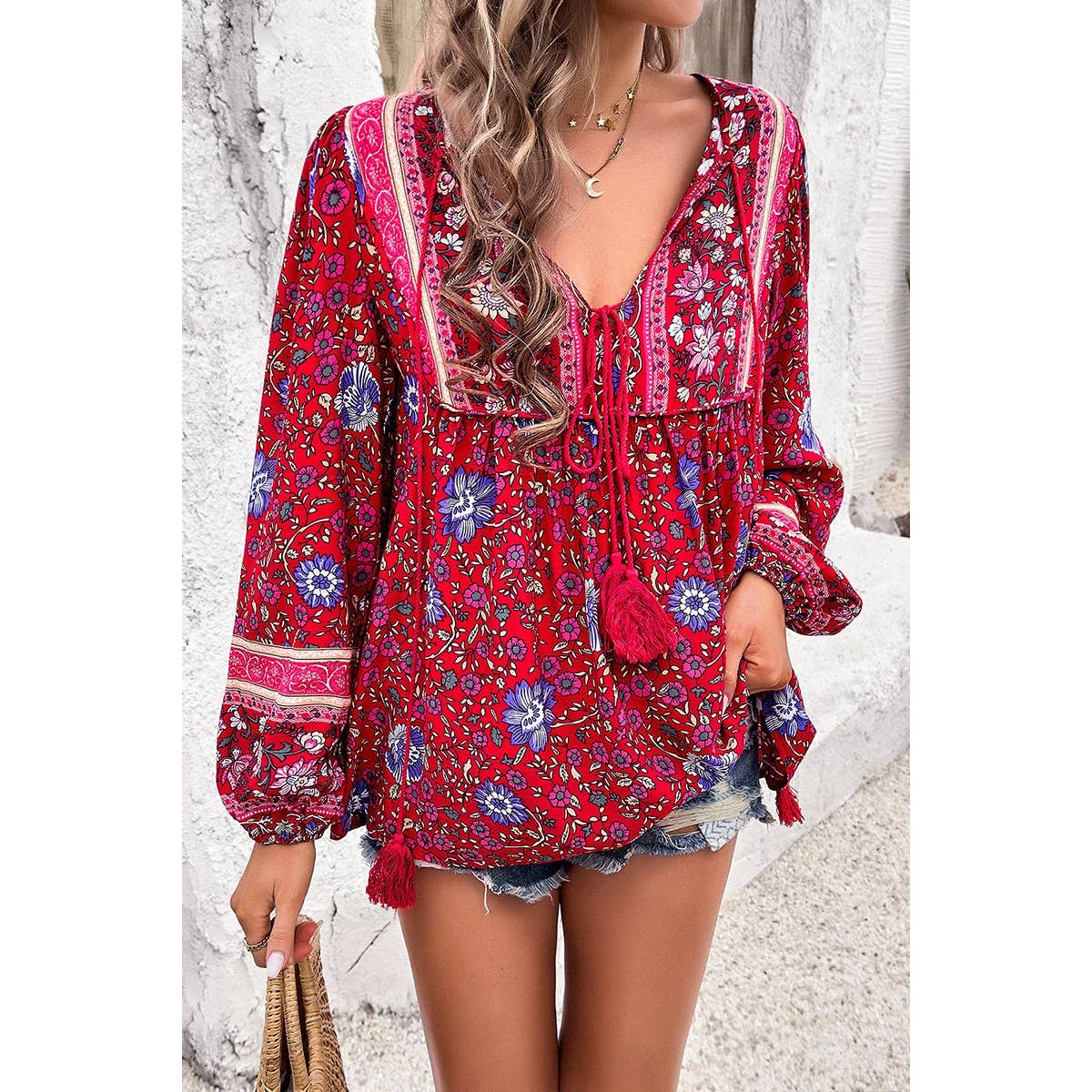 All Over Floral Print Cross Deep V Boho Top