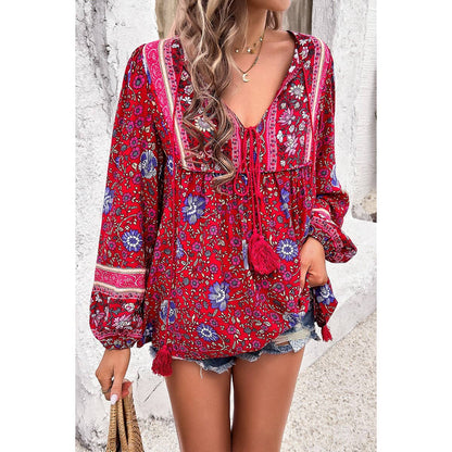 All Over Floral Print Cross Deep V Boho Top