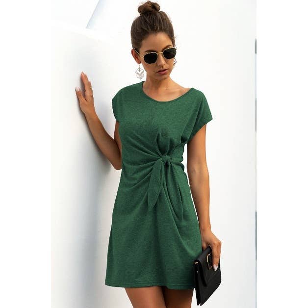 Solid Twist Knot Front Short Sleeve Tee Fit Dress