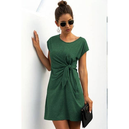 Solid Twist Knot Front Short Sleeve Tee Fit Dress