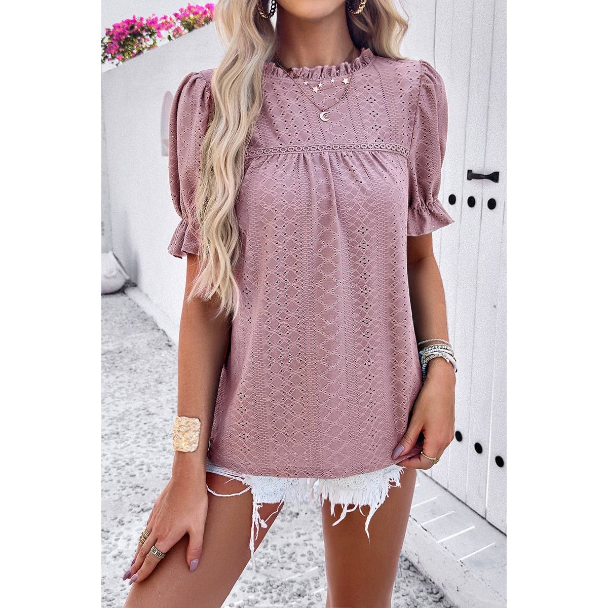 Round Neck Embroidery Ruffle Sleeve Loose Fit Shirts