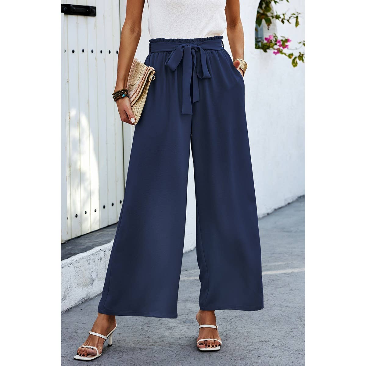 Wide Leg High Waist Tie Pockets Knot Pants