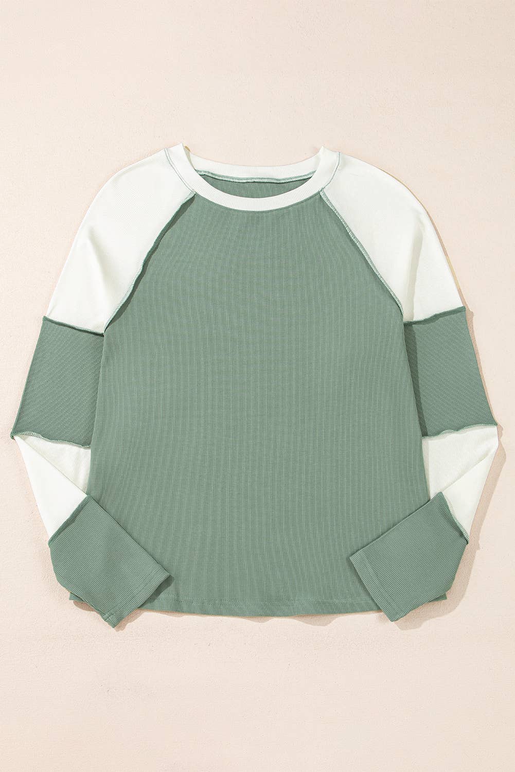 Ribbed Colorblock Patchwork Raglan Long Sleeve Top (S-XL)