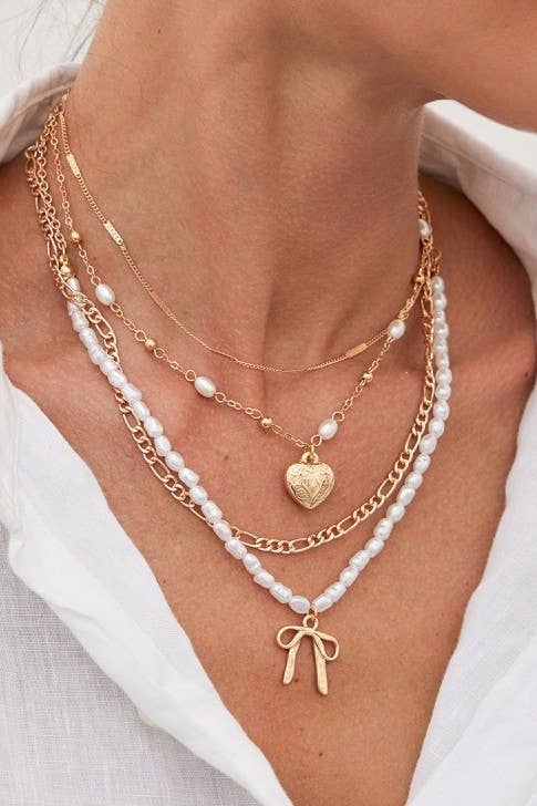BEAUTIFUL BOW PEARL HEART PENDANT LAYERED NECKLACE |40NK9547