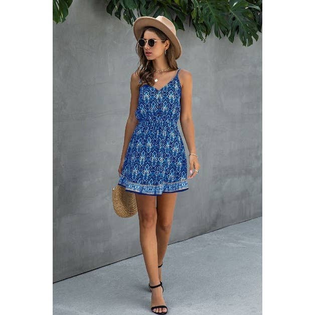 Floral V Neck Spaghetti Strap Button Down Ruffle Mini Dress