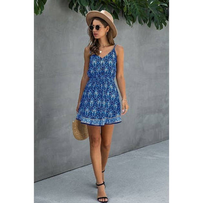 Floral V Neck Spaghetti Strap Button Down Ruffle Mini Dress
