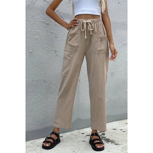 Solid Pockets Belt Wide Leg Pants