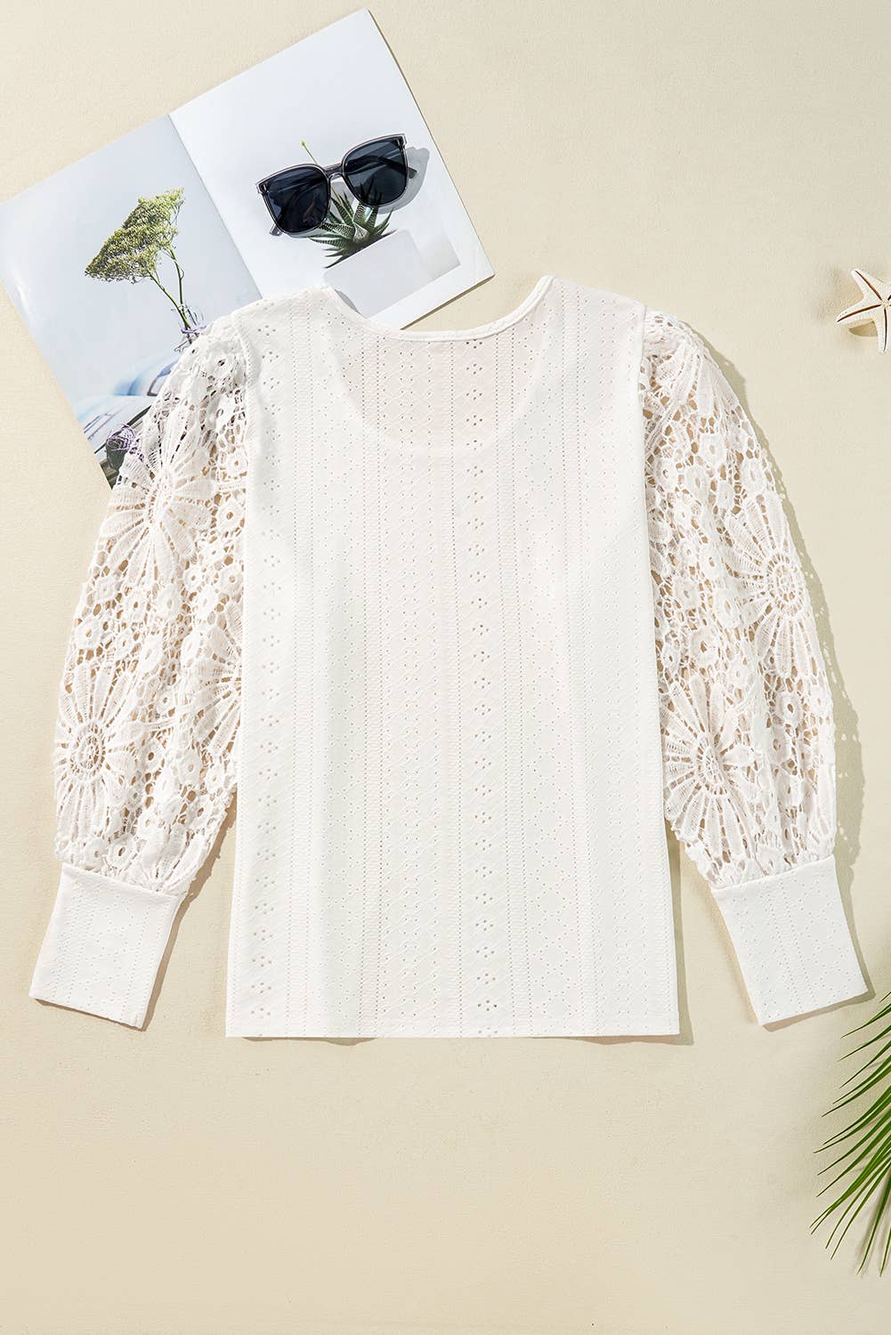 Plus Size Floral Guipure Lace Lantern Sleeve Blouse