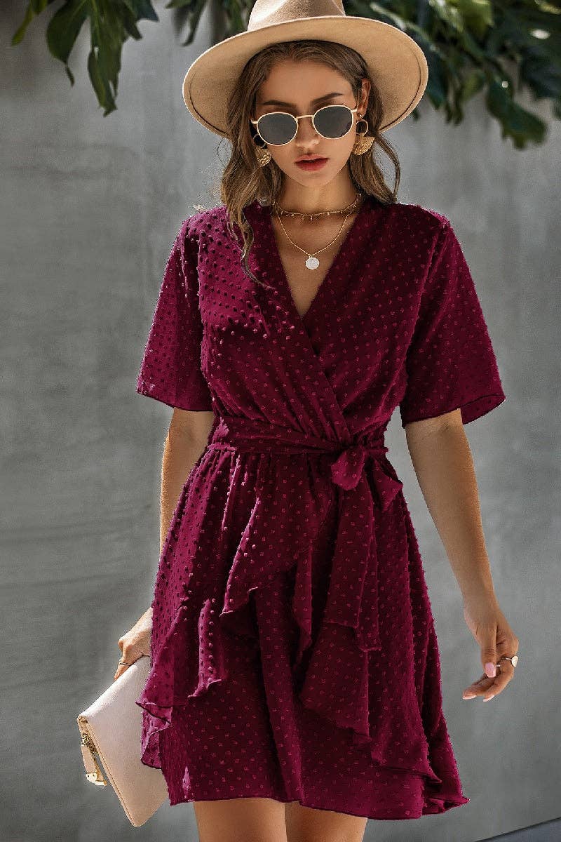 V Neck Ruffled Hem Wrap Dresses