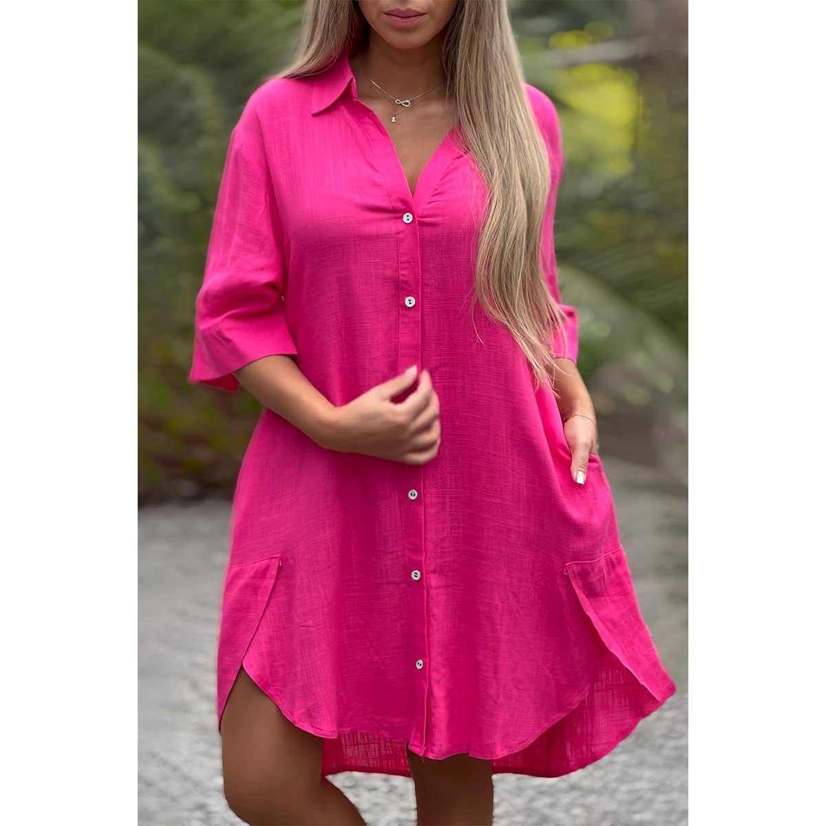Plus A Line Button Loose Fit Pockets Solid Dress