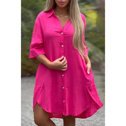 Plus A Line Button Loose Fit Pockets Solid Dress