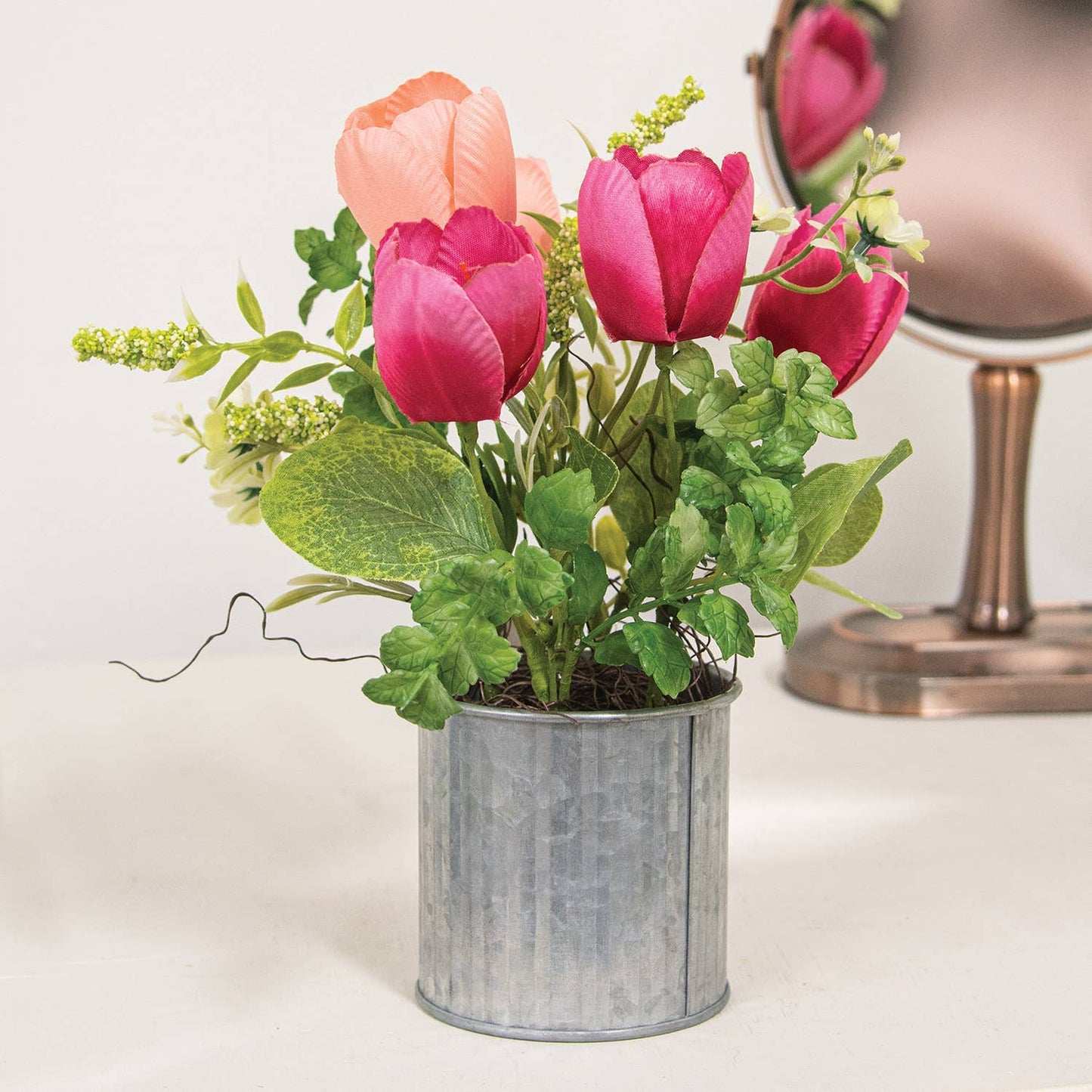 Pink Tulips & Wildflowers in Metal Pot - 8.5"H