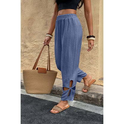 Solid Loose Elastic Waist Hollow Out Long Pant