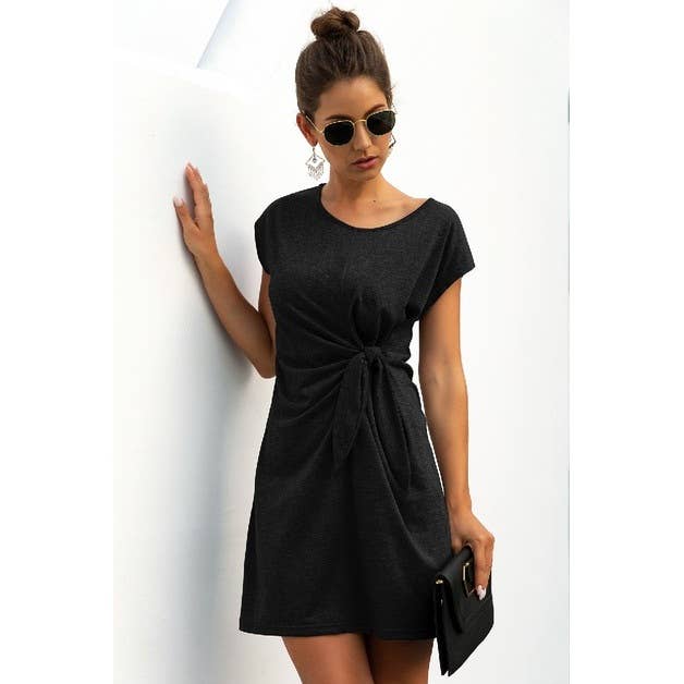 Solid Twist Knot Front Short Sleeve Tee Fit Dress
