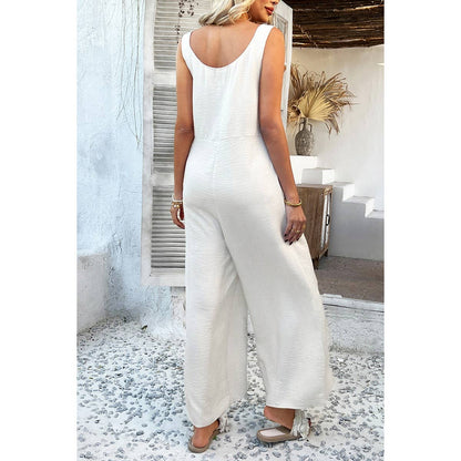 Button Front Knotted Strap Wide Leg Jumpsuit