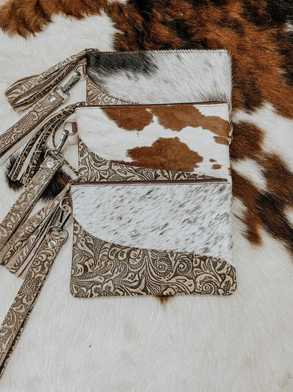 Embossed Leather Cowhide Wristlet  4 colors